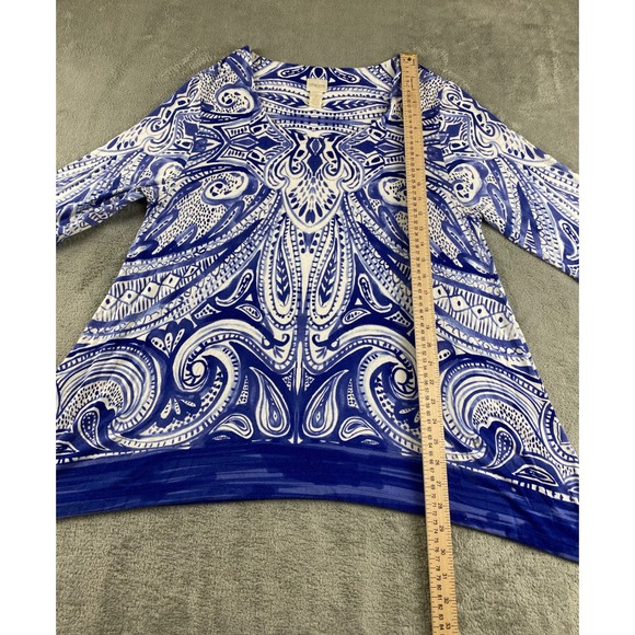 Chicos Tunic Top Blue White Paisley Print Asymmetrical Hem Women Size 2 - Picture 8 of 11